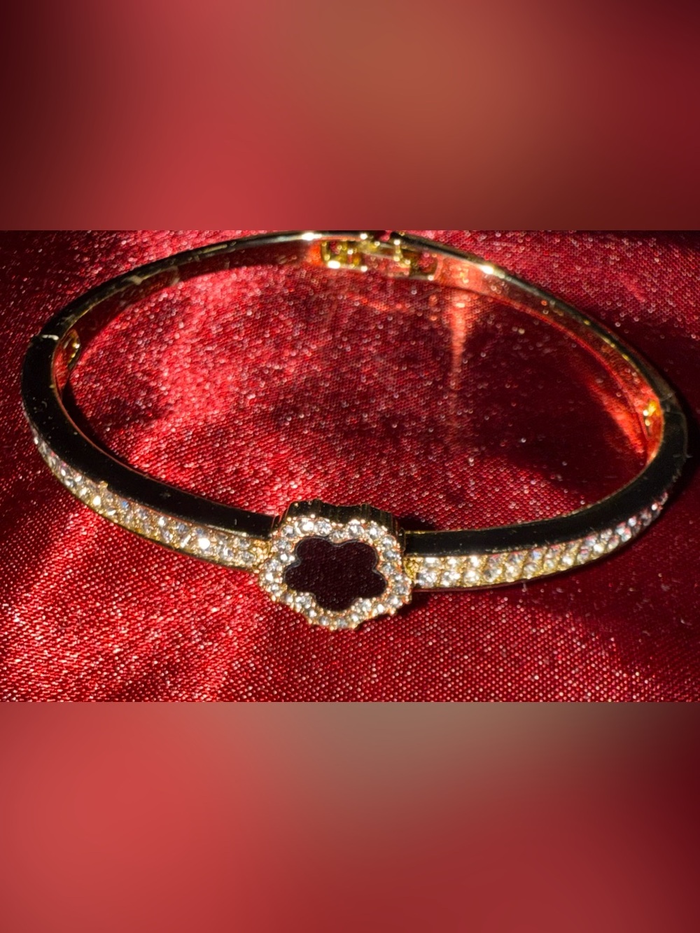 Gold-Tone Black and Crystal Clover Bangle Bracelet